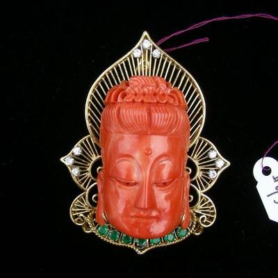 18K, coral, emerald & diamond pendant