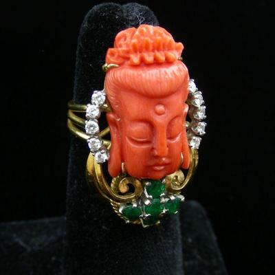 18K, coral, emerald & diamond ring