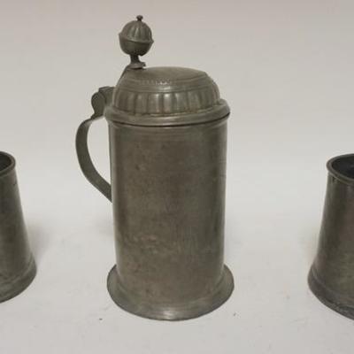 1018	3 PIECE ANTIQUE PEWTER LOT, 2 MUGS & STEIN INSCRIBED 1808
