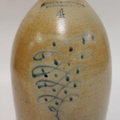 1002	BLUE DECORATED 4 GAL STONEWARE JUG, SEYMOUR & BOSWORTH HARTFORD CONN, 17 1/2 IN HIGH
