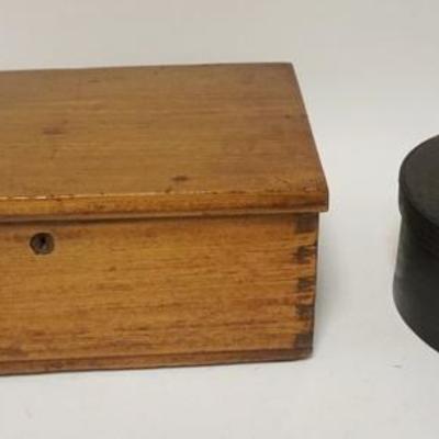 1014	LOT DOVETAILED WOODEN BOX & PAINT DECORATED ROUND SUGAR BOX
