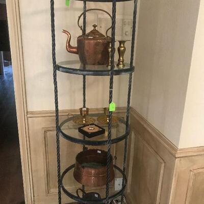 Round Metal Curio Shelf, Antique Copper Tea Kettle