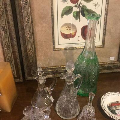 3 Antique Green Cut Crystal Decanter, Antique Crystal Oil and Vinegar Cruet