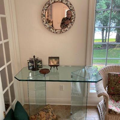 Glass table, putti porcelain frame mirror
