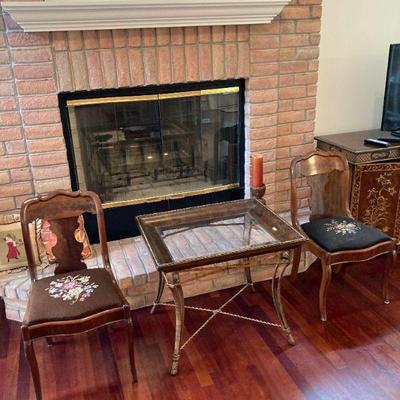 pair Empire needlepoint side chairs