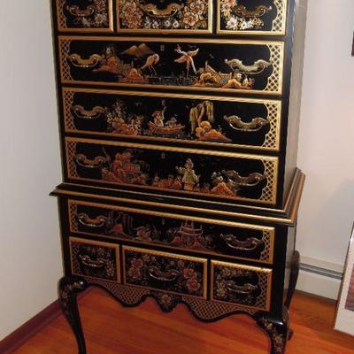 Hand painted oriental secretary highboy