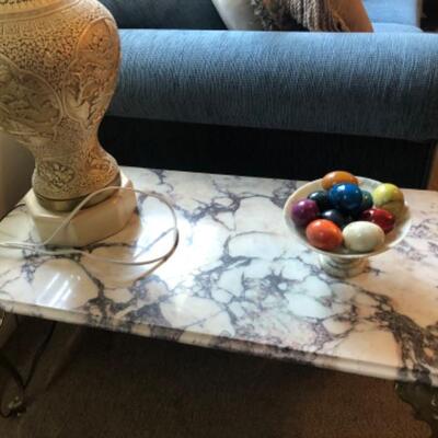 Marble top table and alabaster eggs 
