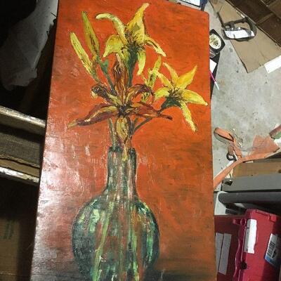 https://www.ebay.com/itm/114448766505	LAR0038 Still Life Oil on Board Yellow Flowers in Vase Pickup Only ( 11.75" L X 22" H)...