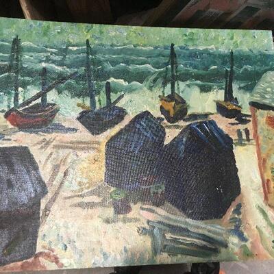 https://www.ebay.com/itm/124368330328	LAR0036  Beach Shore with 4 Boats and house Oil On Board Pickup Only ( 20" L X 16" H)...