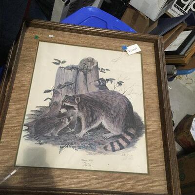 https://www.ebay.com/itm/114448770886	LAR0042 Three Raccoons Morning Walk Plate 3 Bill Rice Framed Pickup Only ( 29" L X 32" H)...