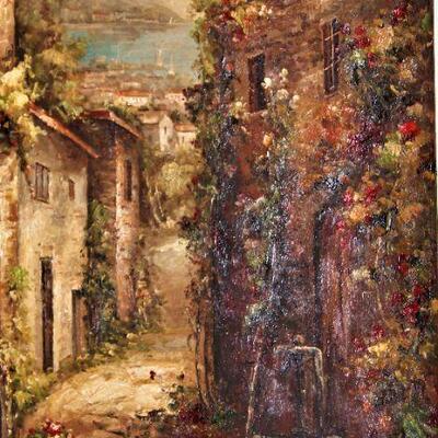 Beautiful oil painting with decorative wrought iron hanger.  