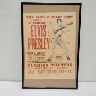 1044	

Framed Elvis Presley Show Flyer from Florida Theater August 10-11 1956
Frame is approx 18.5" x 12.5" Flyer is approx...