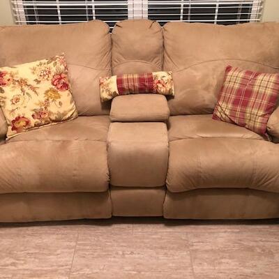 Beige Love Seat with 2 Recliners and center storage holder