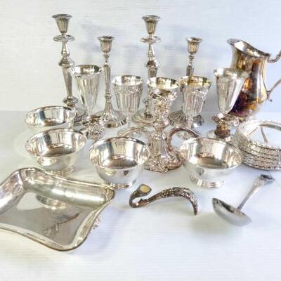#1244 â€¢ Silver Plated Candlestick Holders, Bowls, Plates, Serving Platter, Pitcher, And More