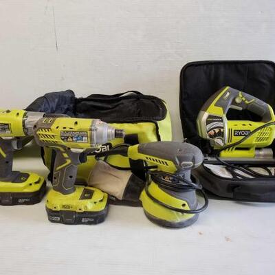 #7128 â€¢ Ryobi Orbital Jigsaw, 2 Ryobi Drills, And Ryobi Orbital Sander