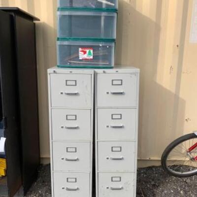 #30100 â€¢ 2 Metal Filing Cabinets, Plastic Storage Unit, Keyboards, And Photo Frames