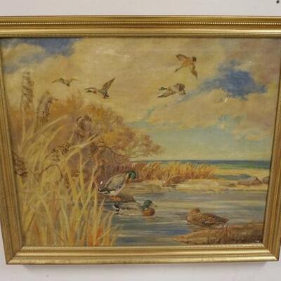 1048	FRAMED SIGNED OIL ON CANVAS, DUCKS IN FLIGHT & SHORE, SOME PAINT LOSS, OVERALL 33 3/4 IN X 29 IN
