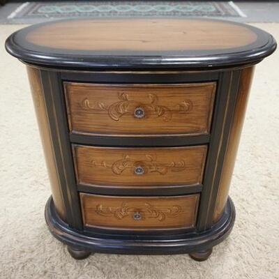 1025	OVAL WOOD GRAINED 3 DRAWER CHEST, 27 1/4 IN X 15 IN X 29 1/2 IN
