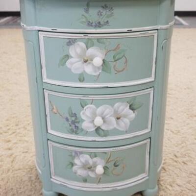 1023	PAINT DECORATED OVAL 3 DRAWER STAND, 19 IN  WIDE X 16 IN DEEP X 26 1/2 IN
