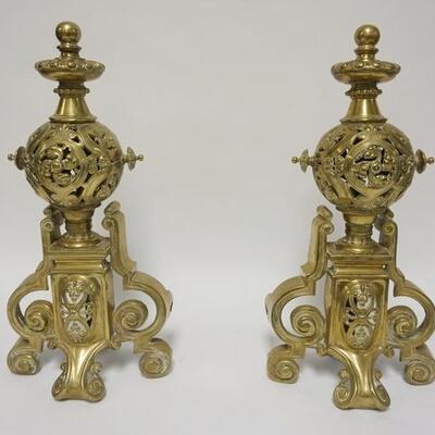 1001	PAIR OF ORNATE BRASS CHENETS, 19 IN HIGH
