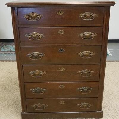1052	SOLID OAK 6 DRAWER CHEST W/PANELED SIDES, 37 IN WIDE X 19 1/4 IN DEEP X 51 IN HIGH
