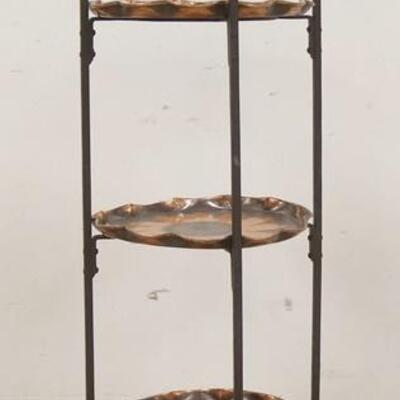 1070	WROUGHT IRON & COPPER 3 TIER STAND,COPPER PLATES HAVE A FLOWER DESIGN, 36 IN HIGH, PLATES HAVE A 10 1/2 IN DIAMETER
