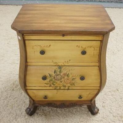 1019	PAINT DECORATED 3 DRAWER BOMBE CHEST W/PULL OUT SURFACE, 22 1/2 IN X 16 IN X 29 IN HIGH
