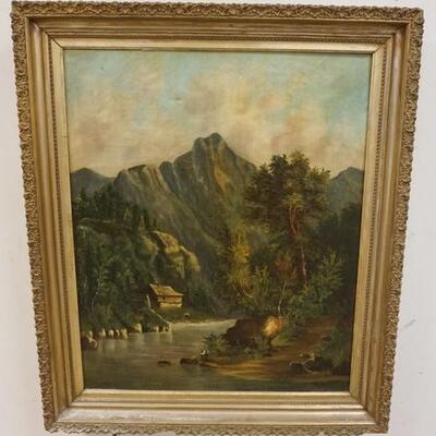 1047	FRAMED OIL ON CANVAS, COTTAGE ON STREAM W/MAN FISHING, IMAGE 23 IN X 28 1/2 IN
