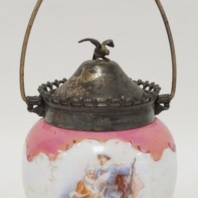1081	VICTORIAN GLASS BISCUIT JAR HAS SILVER PLATED COLAR LID & HANDLE & A BIRD FINIAL ON THE LID & HAS TWO DIFFERENT SCENCES...