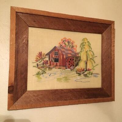 Crosstitch artwork in a real rustic homemade wood frame, 21 1/2 x 17 1/2.