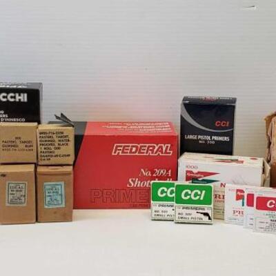 #8160 â€¢ Approx 1,800 Primers Shotshells, Approx 2,400 Primers For Small Rifle, Approx 1,400 Small Pistol Primers  and more. 