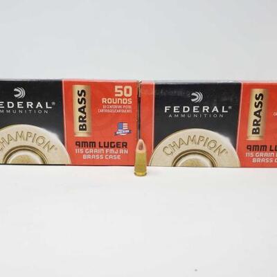 #1252 â€¢ 100 Rounds Of Federal Ammunition 9mm Luger- 115 Gr FMJ RN