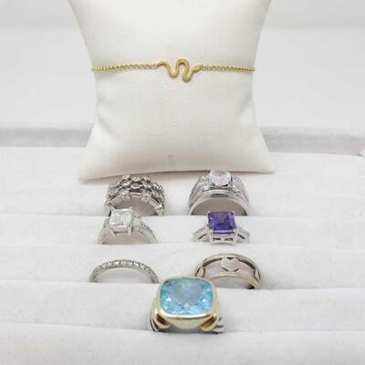 #2072 â€¢ 7 Sterling Silver Rings And Bracelet
