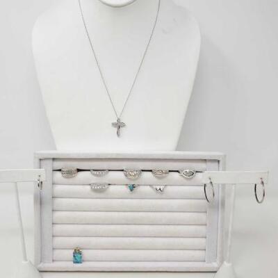 #2070 â€¢ 8 Sterling Silver Rings, Pendant, 3 Earrings, And Necklace