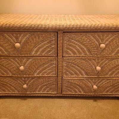 Six drawer wicker dresser, measures 53" x 18" x 29". Drawers all measure 21" x 6"....