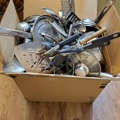 Large box full of kitchen cookware and utensils. https://ctbids.com/#!/description/share/768270 