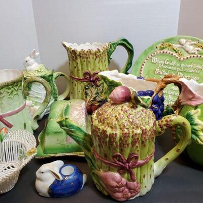 Cute collection of green and white ceramic pitchers and more. Hand painted plate 10.5" Pitchers 7-9" Bunny pot 6"...