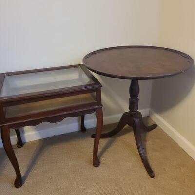 Brandt three leg tea table made of genuine mahogany is 26" circumference x 27" tall. Shadowbox table measures 22" x...
