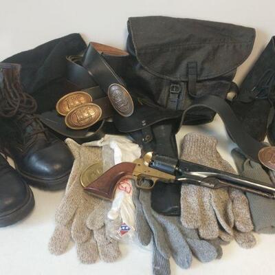 Reenactment pistol with holster and leather belt. Boots are Men's sizes 9 1/2 and 10. Gloves and belts are XL. Also comes with...
