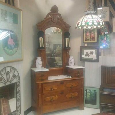 late 1800's tall marble top dresser and mirror