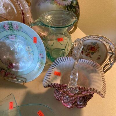 Confetti glass basket and early blown glass pitcher