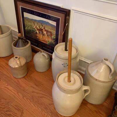 POTTERY JUGS, BUTTER CHURNS