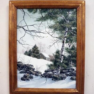 1017	OIL ON BOARD OF A WINTER FARM SCENE W/ BIRCH TREES & BARN, SIGNED FUEL SWAN 16 IN X 20 IN INCLUDING FRAME
