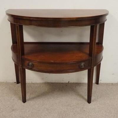 1086	MAHOGANY ONE DRAWER BANDED 2 TIER DEMI LUNE, 34 IN X 17 IN X 30 IN
