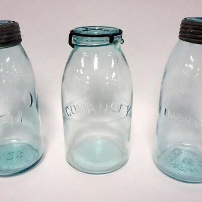 1031	LOT OF 3 LARGE CANNING JARS, GEM COHANSLEY & MASONS TALLEST IS 9 1/4 IN 
