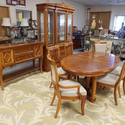 1053	NINE PIECE STANLEY CHERRY DINNING ROOM SET INCLUDING; BREAKFRONT W/ BEVELED GLASS DOORS INTERIOR LIGHTS, MARBLE INSET SERVER, SIX...