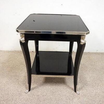 1020	BLACK LACQUER LAMP TABLE W. NICKEL FINISH TRIM & PAW FEET 19 IN X 19 IN. 23 IN H 
