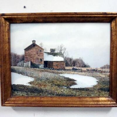 1016	OIL ON BOARD OF A WINTER FARM SCENE SIGNED FRED SWAN 18 IN X 24 IN INCLUDING FRAME
