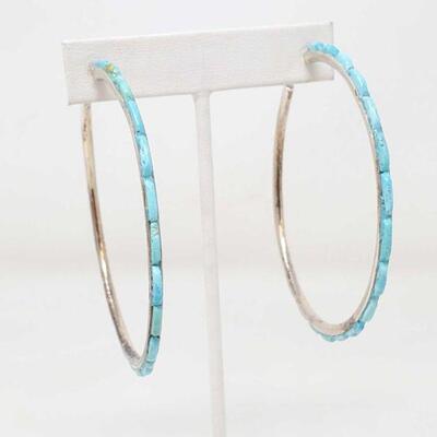 #909 â€¢ Native American Turquoise Sterling Silver Hoop Earrings