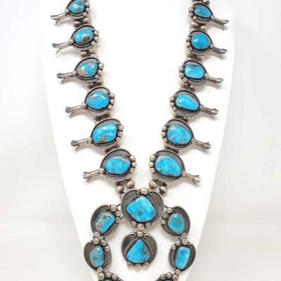 
#922 â€¢ LARGE Native American Old Pawn Turquoise Sterling Silver Squash Blossom